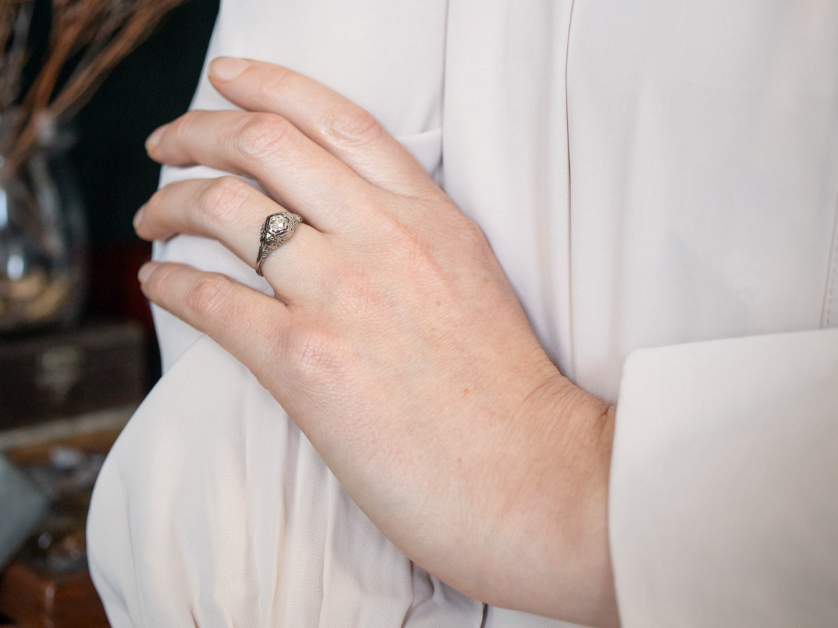 Anillo de compromiso con solitario de diamantes de talla europea Art Déco