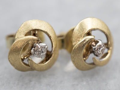 Brushed Gold Swirl Diamond Stud Earrings