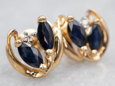 Gold Marquise Sapphire and Diamond Stud Earrings