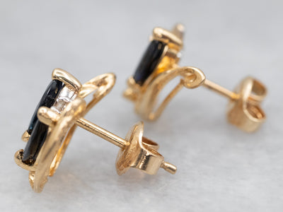 Gold Marquise Sapphire and Diamond Stud Earrings