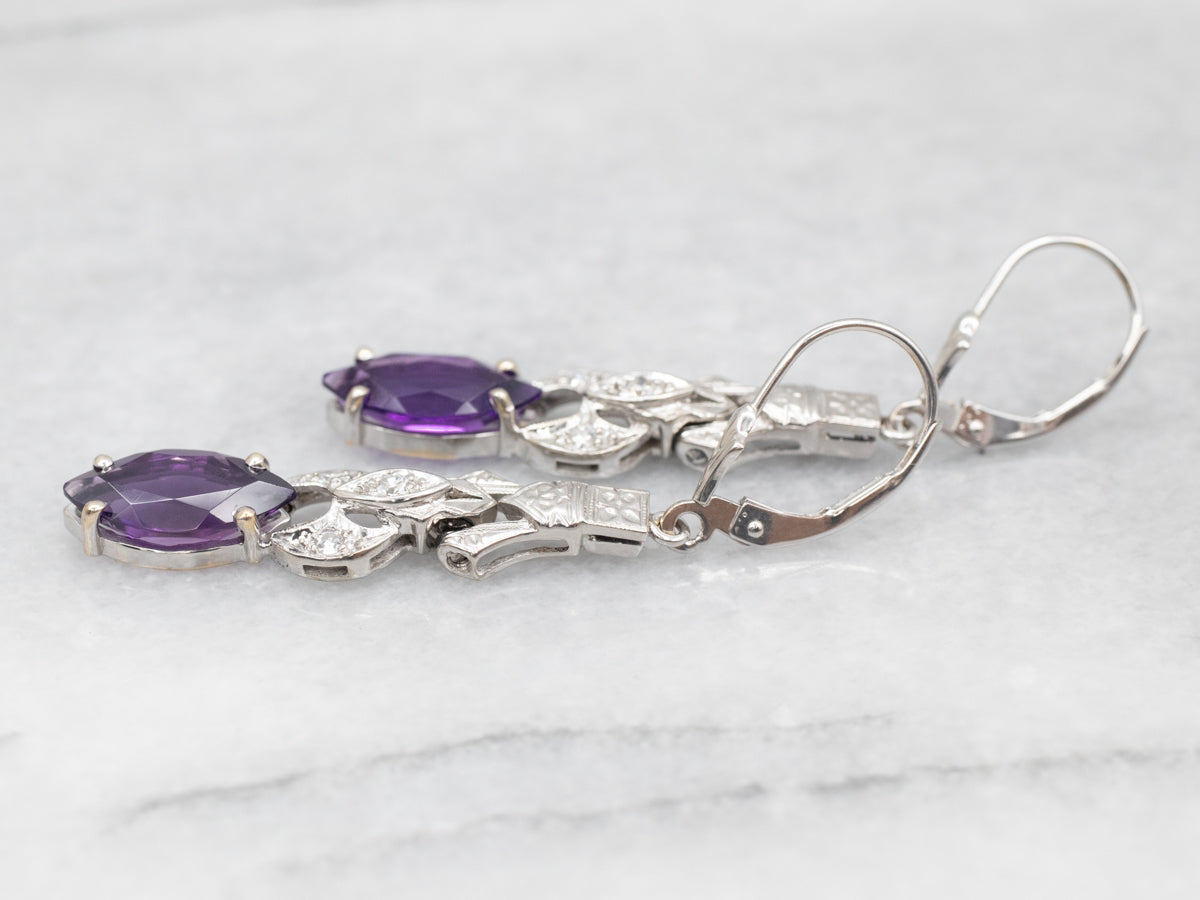 Marquise Cut Amethyst Drop Earrings with Diamond Accents