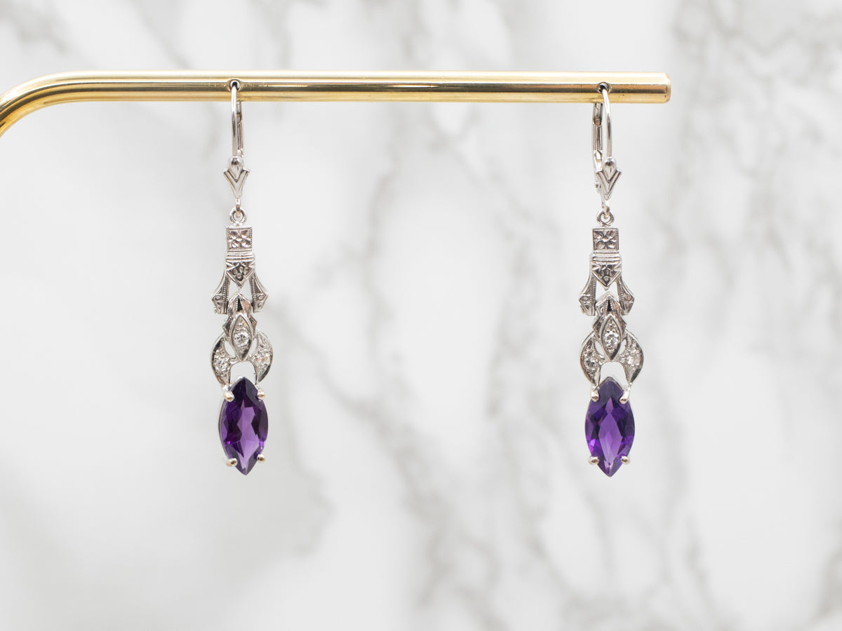 Marquise Cut Amethyst Drop Earrings with Diamond Accents