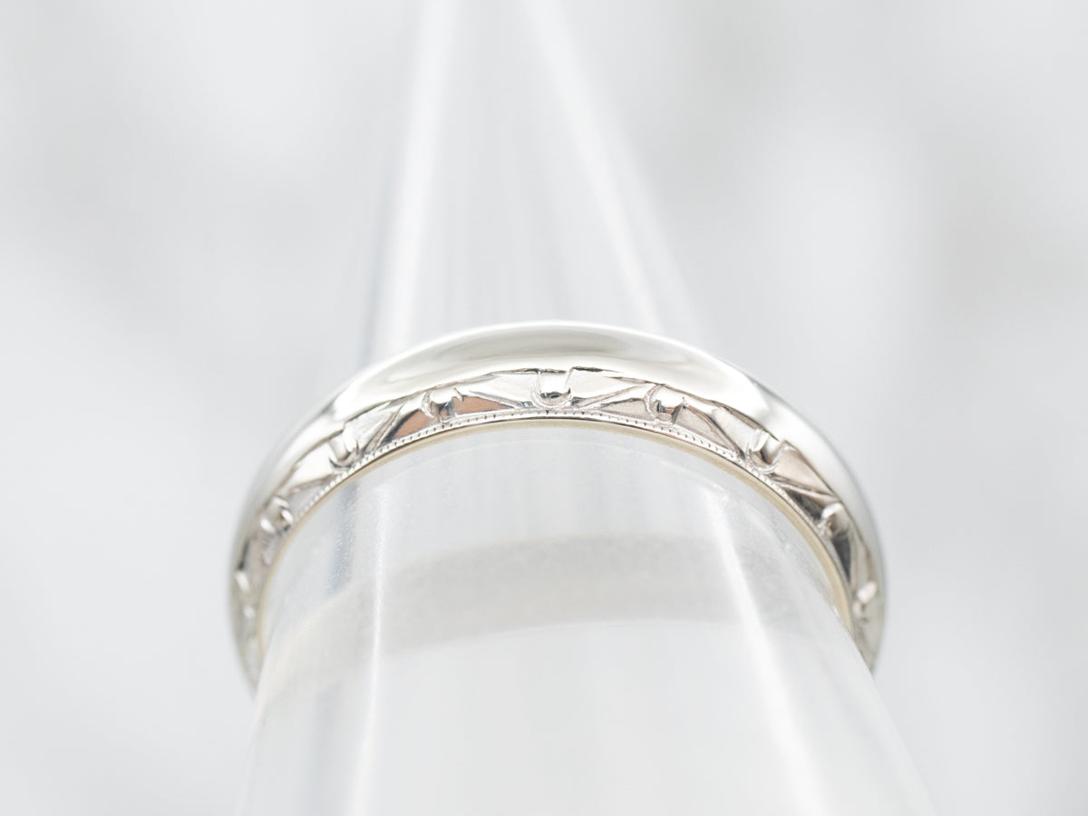 White Gold Patterned Edge Wedding Band