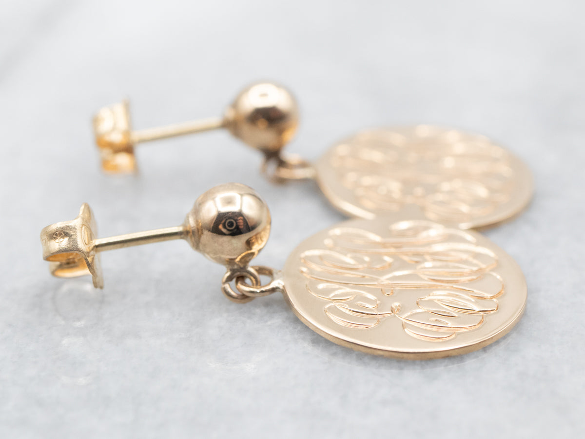 Pendientes colgantes de disco con monograma "EKH" de oro amarillo