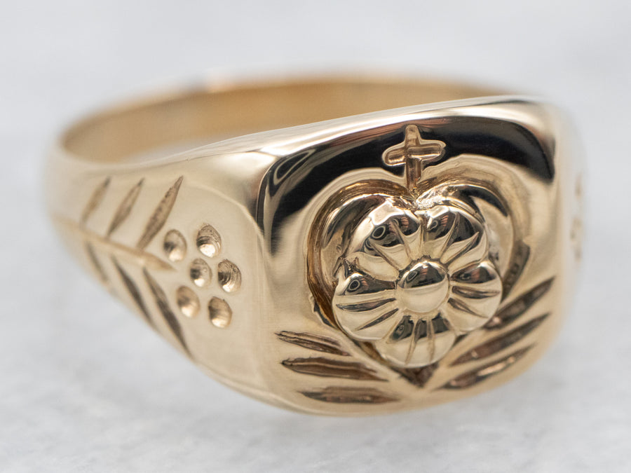 Yellow Gold Floral Signet Ring