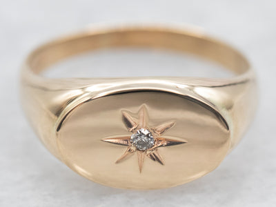 Yellow Gold East West Signet Ring with Diamond Accent