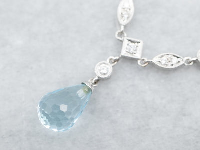 White Gold Blue Topaz Briolette Necklace with Diamond Accents