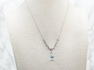 White Gold Blue Topaz Briolette Necklace with Diamond Accents