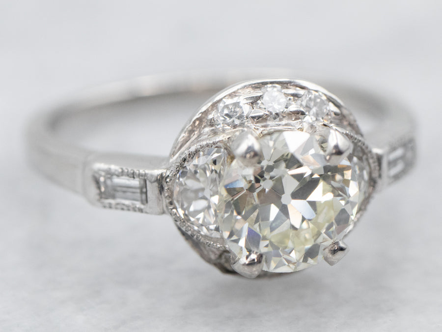 Platinum Old Mine Cut Diamond Engagement Ring with Diamond Accents