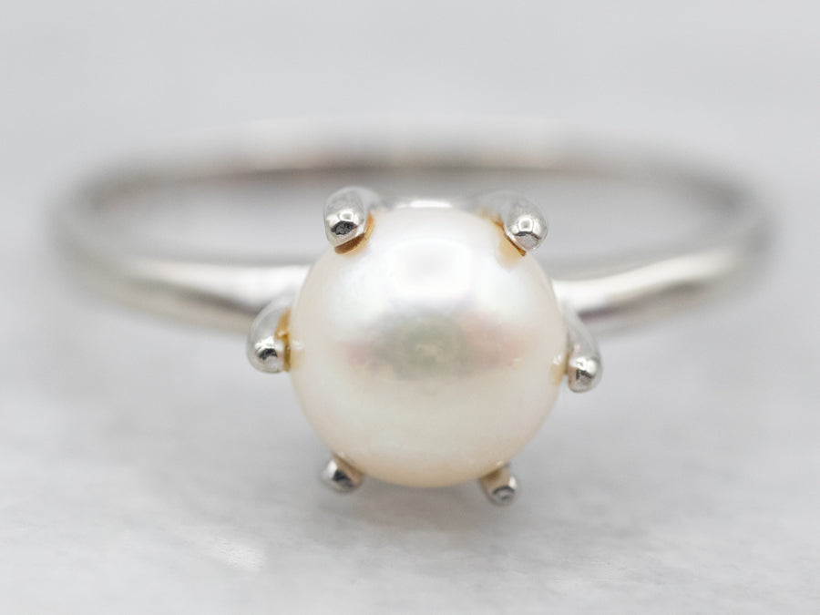 Simple White Gold Pearl Solitaire Ring