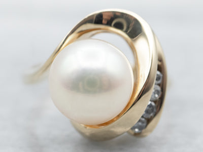 Yellow Gold Saltwater Pearl Ring with Diamond Accents