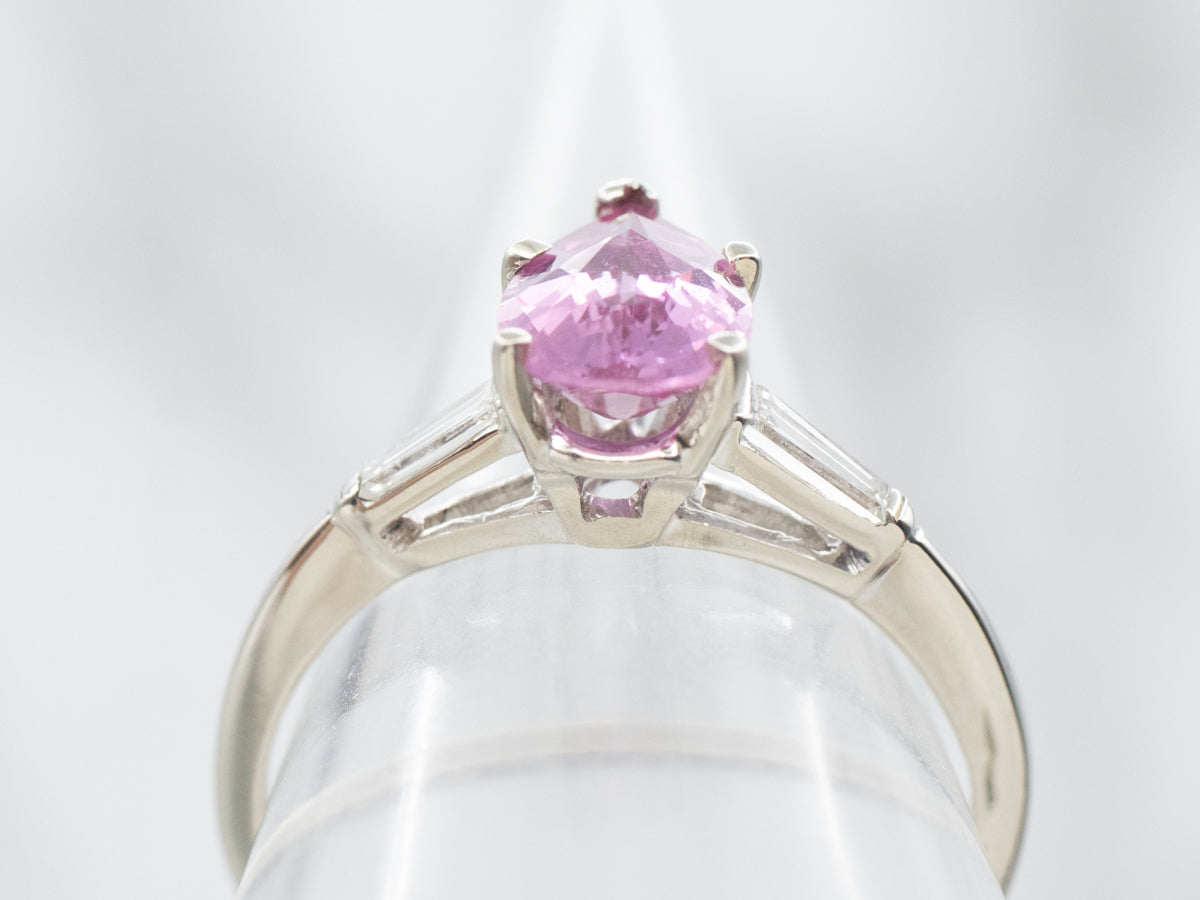 White Gold Pear Cut Pink Sapphire Ring with Diamond Accents