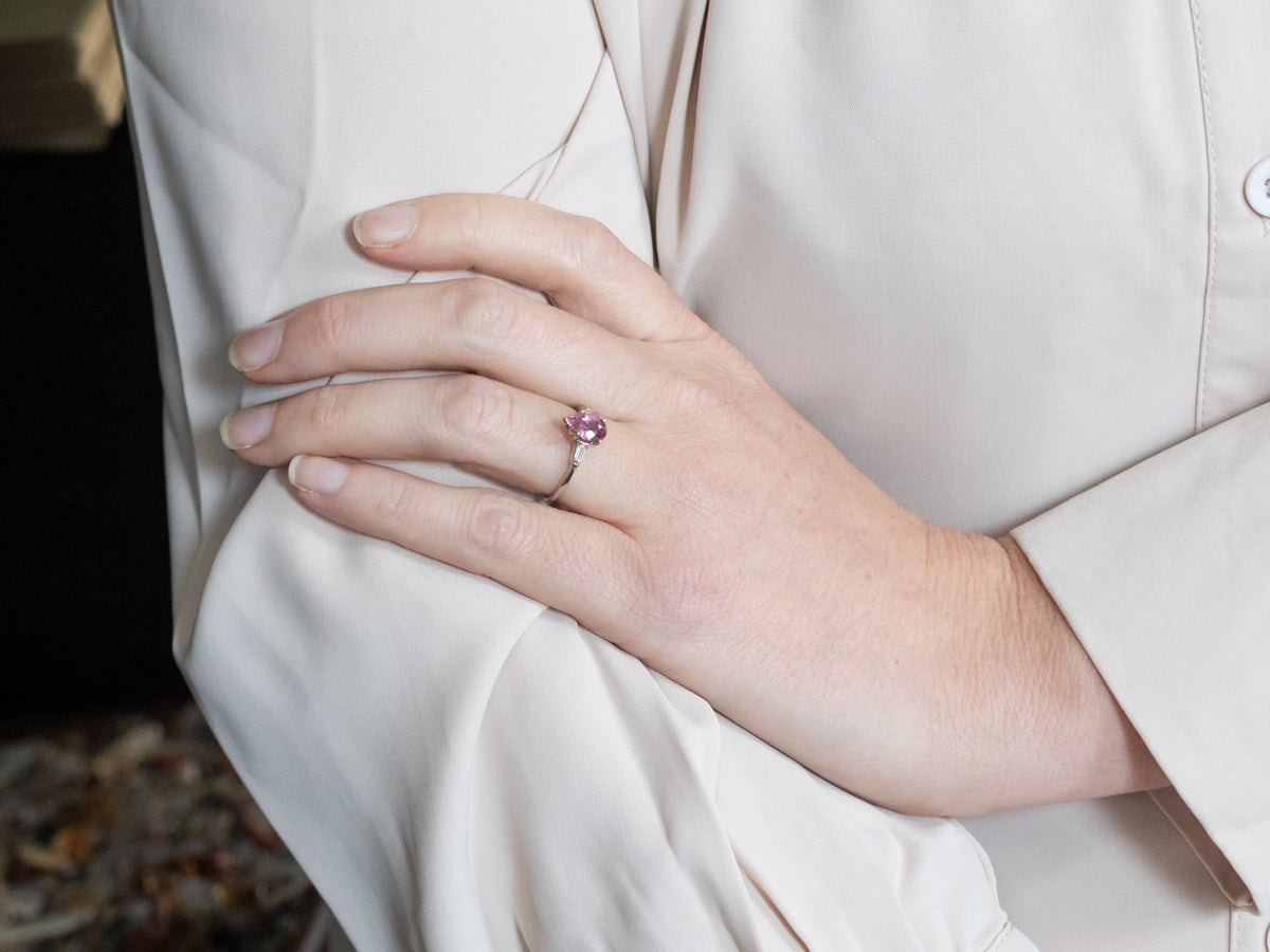 White Gold Pear Cut Pink Sapphire Ring with Diamond Accents