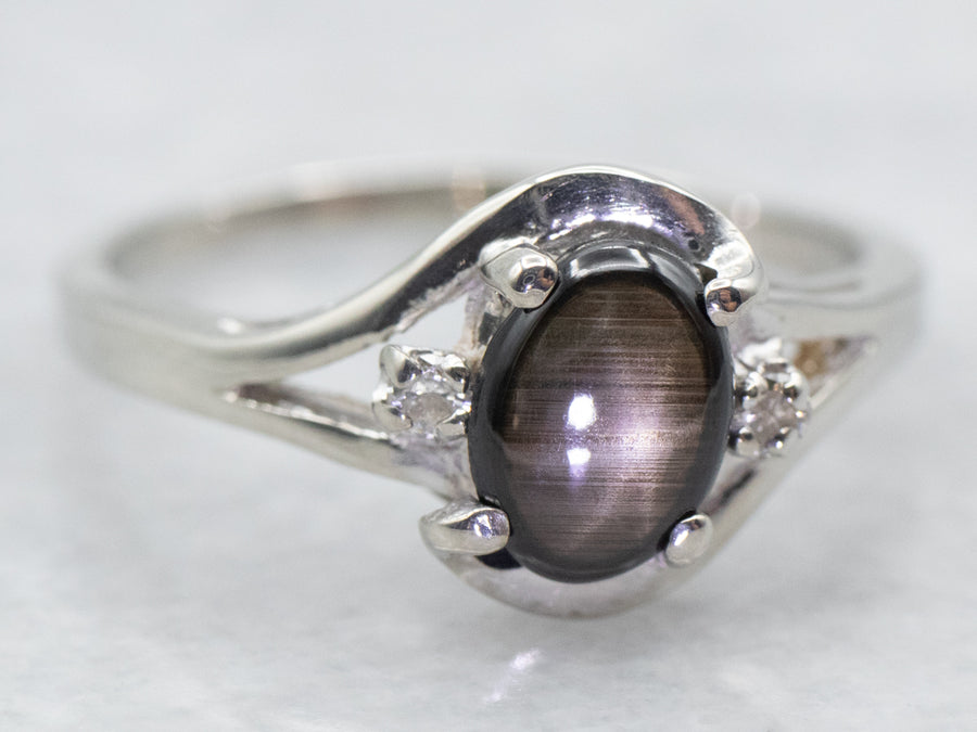 White Gold Black Star Sapphire Ring with Diamond Accents