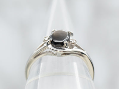 White Gold Black Star Sapphire Ring with Diamond Accents