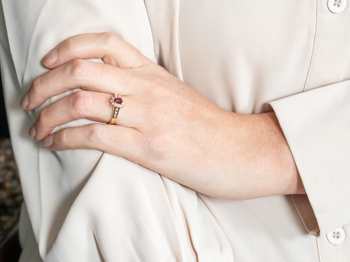 Ruby and Diamond Halo Anniversary Ring