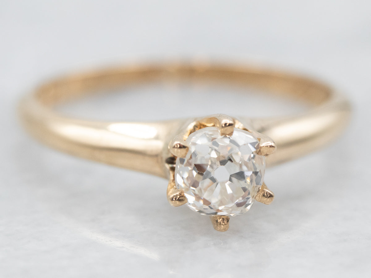 Yellow Gold Old Mine Cut Diamond Solitaire Engagement Ring
