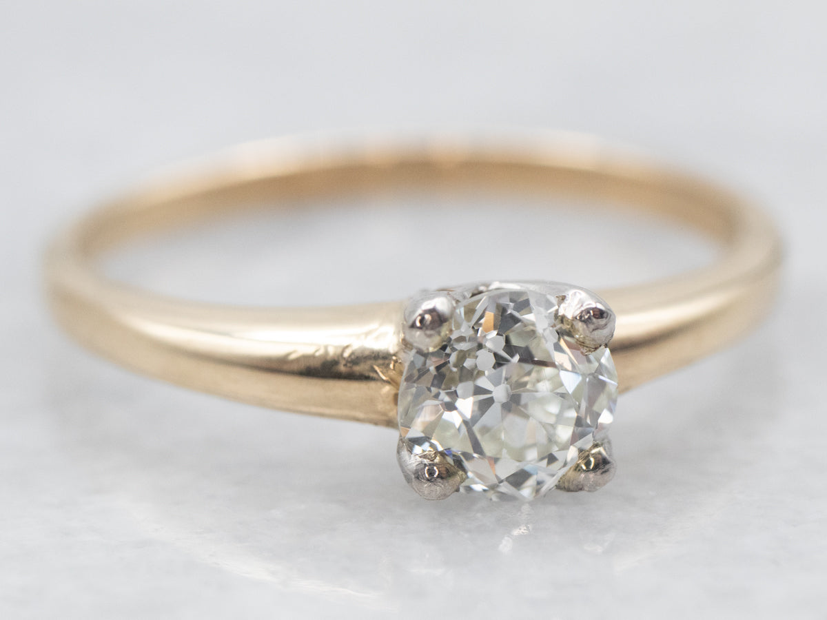 Two Tone European Cut Diamond Solitaire Engagement Ring