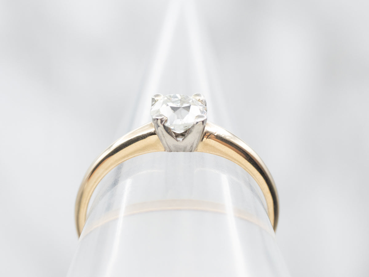 Two Tone European Cut Diamond Solitaire Engagement Ring