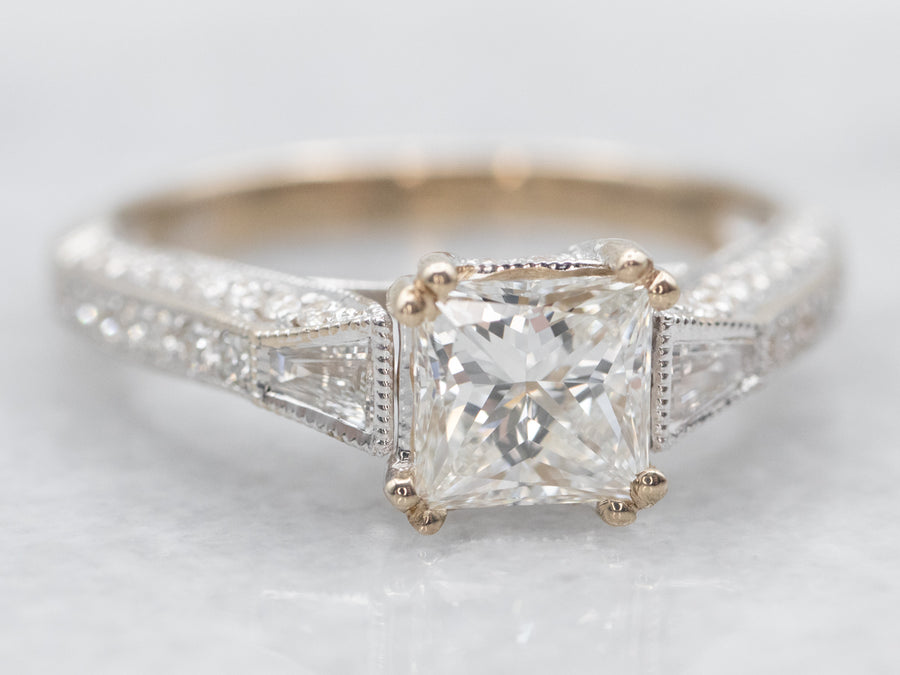 White Gold Princess Cut Diamond Engagement Ring with Diamond Accents
