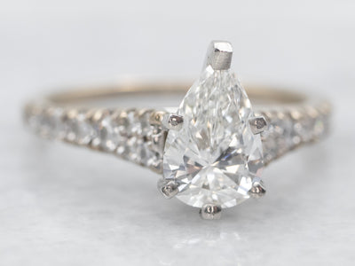 White Gold Pear Cut Diamond Engagement Ring with Diamond Shoulders