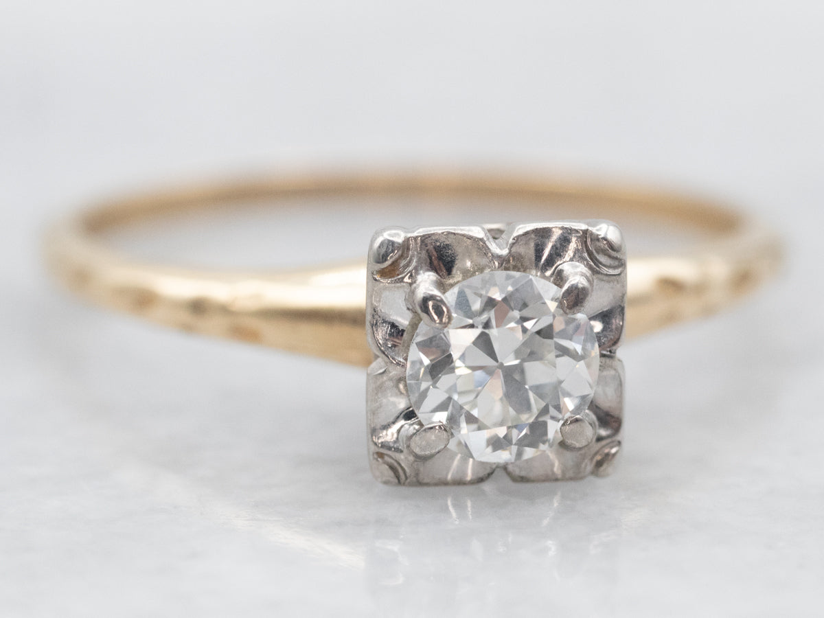 Two Tone European Cut Diamond Solitaire Engagement Ring