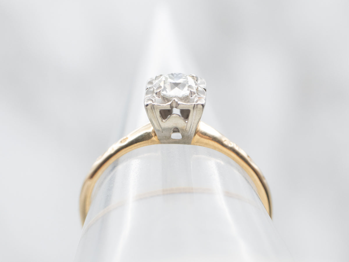 Two Tone European Cut Diamond Solitaire Engagement Ring