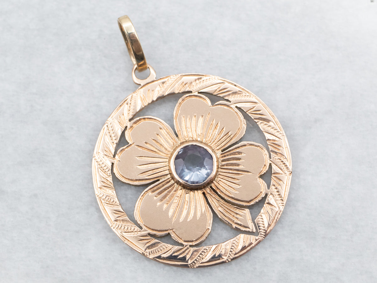 Antique Rose Gold Synthetic Alexandrite Four Leaf Clover Pendant