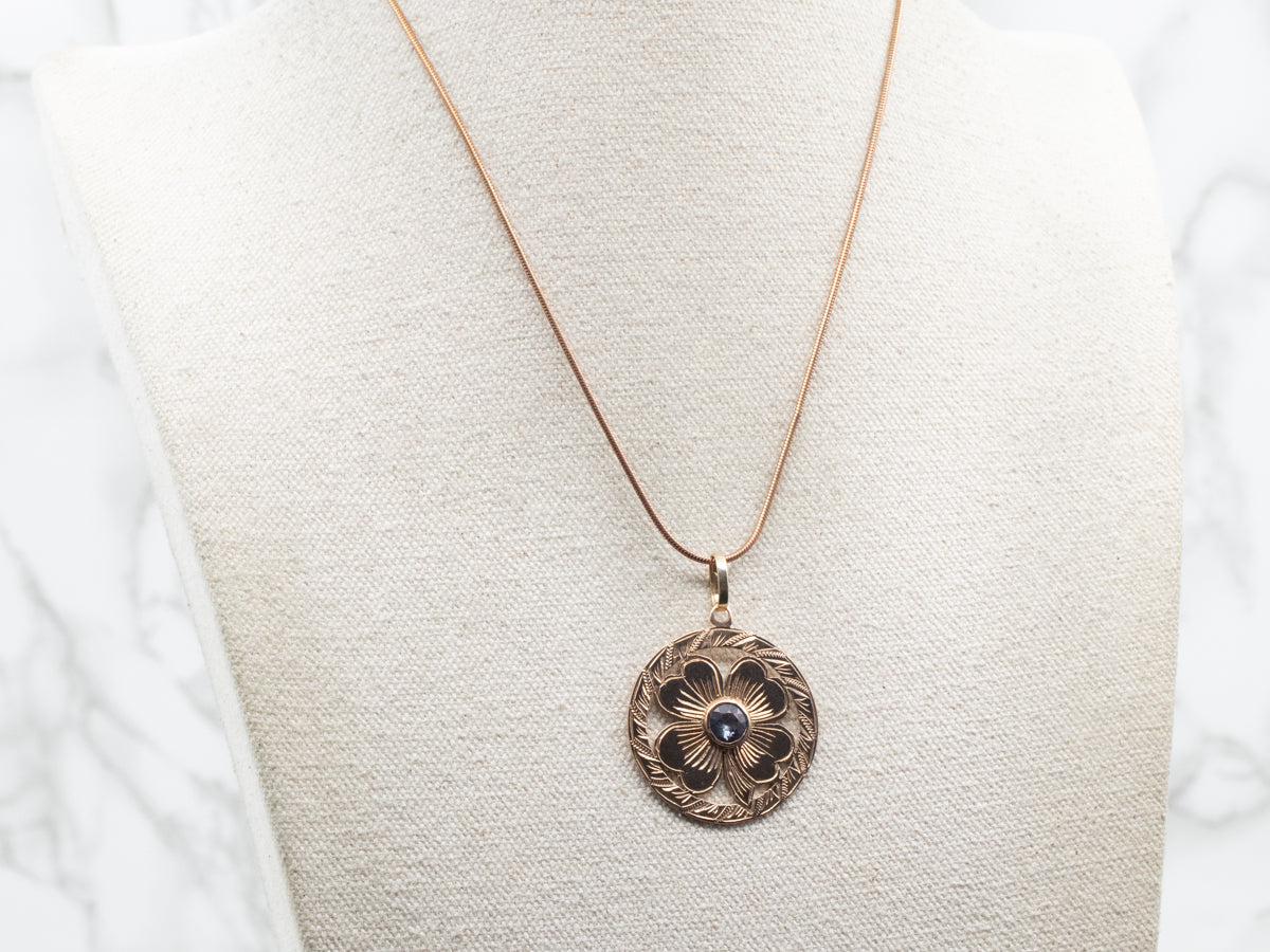 Antique Rose Gold Synthetic Alexandrite Four Leaf Clover Pendant