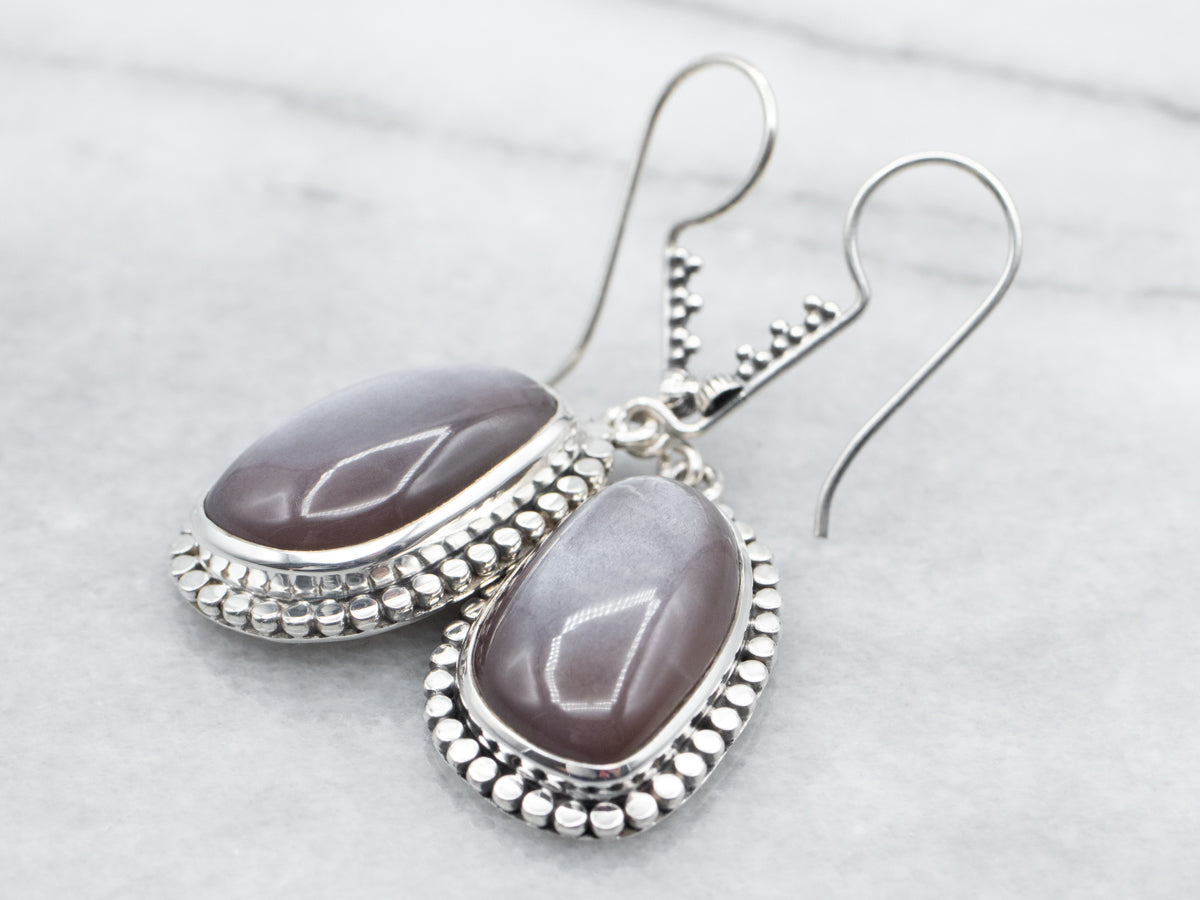 Sterling Silver Moonstone Drop Earrings with Beaded Edge