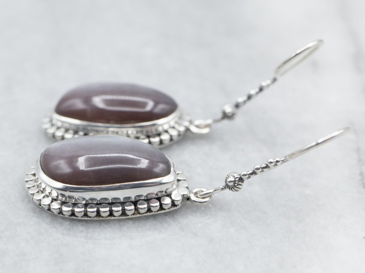 Sterling Silver Moonstone Drop Earrings with Beaded Edge