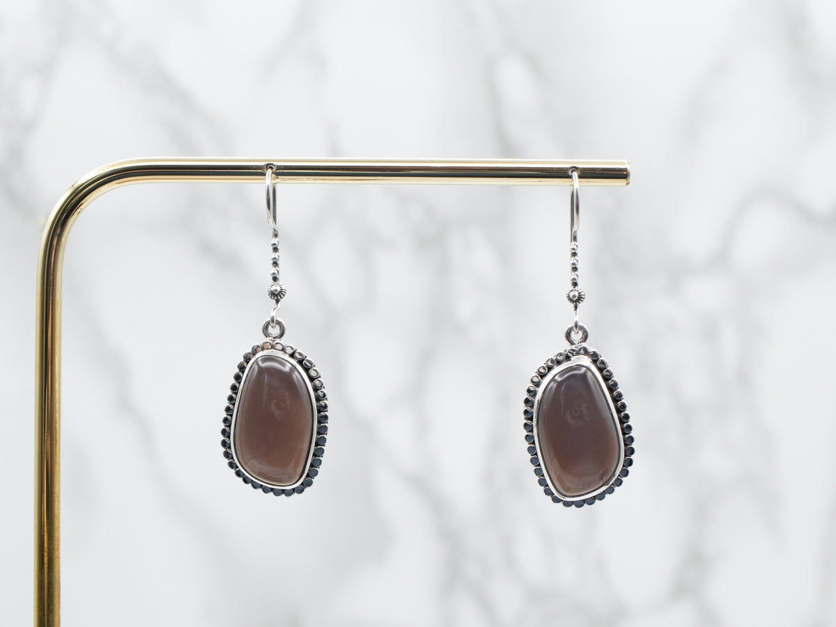 Sterling Silver Moonstone Drop Earrings with Beaded Edge