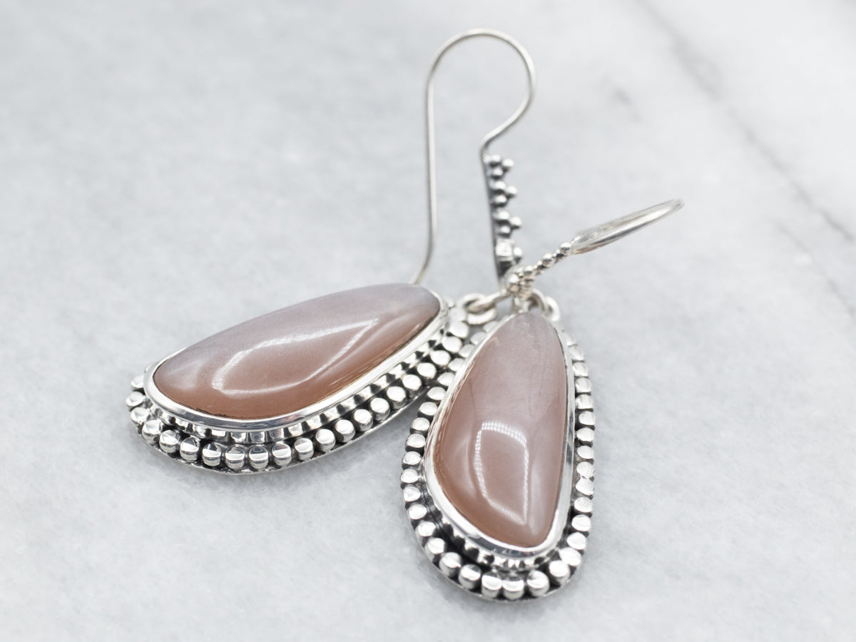 Sterling Silver Moonstone Drop Earrings with Beaded Edge