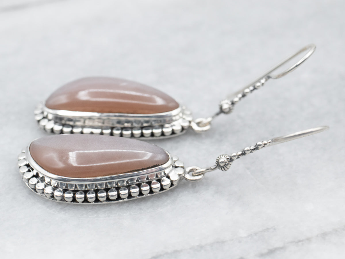 Sterling Silver Moonstone Drop Earrings with Beaded Edge