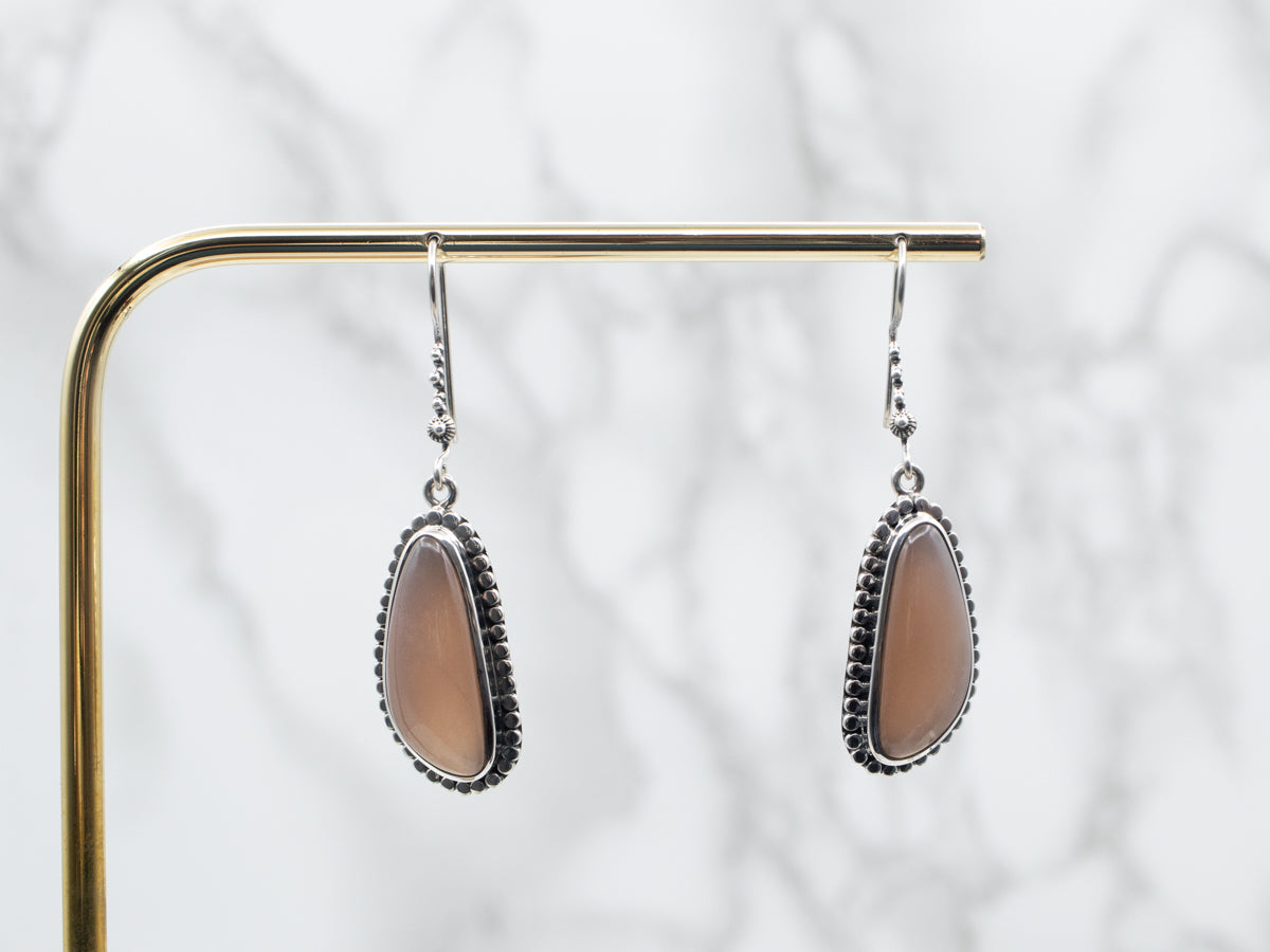 Sterling Silver Moonstone Drop Earrings with Beaded Edge