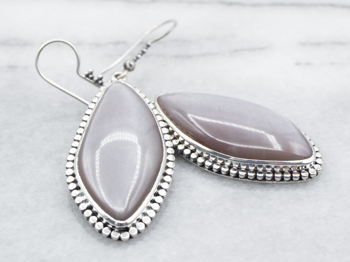 Sterling Silver Moonstone Drop Earrings with Beaded Edge