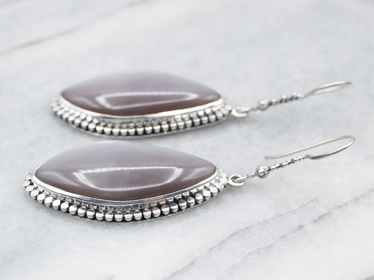Sterling Silver Moonstone Drop Earrings with Beaded Edge