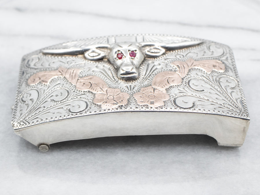 Sterling Silver Bull Belt Buckle with Ruby Eyes