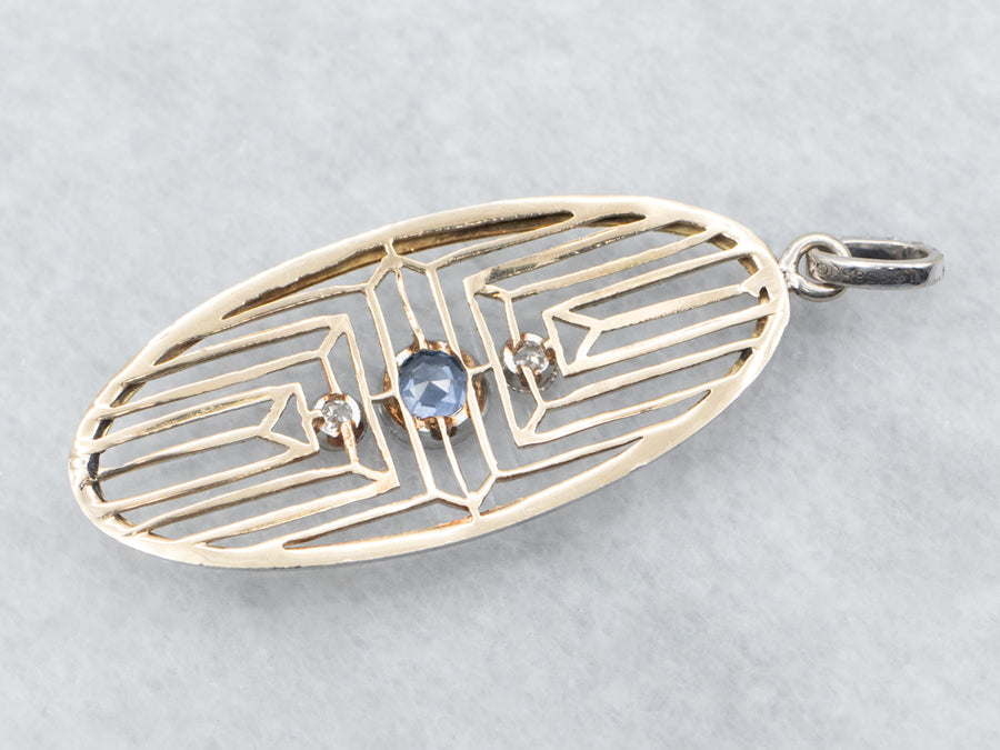 Repurposed Art Deco Sapphire and Old Mine Cut Diamonds Filigree Pendant