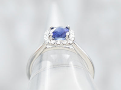 Modern Sapphire and Diamond Halo Ring