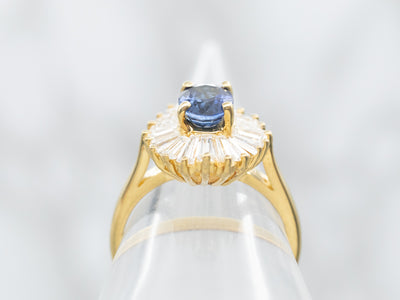 Sapphire Baguette Cut Diamond Halo Ring