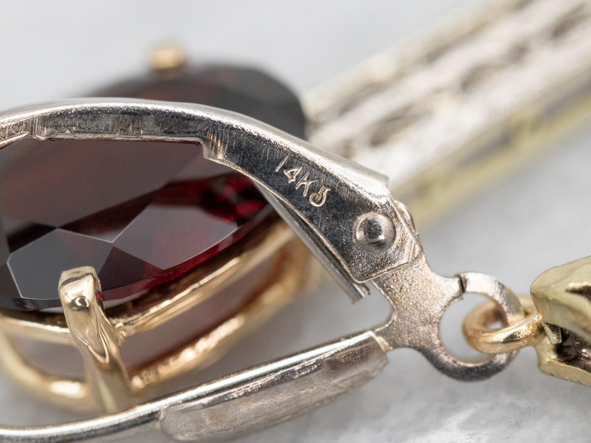 Two Tone Garnet Filigree Drop Earrings