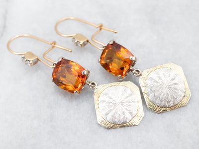Two Tone Citrine Cufflink Conversion Drop Earrings with Diamond Accents