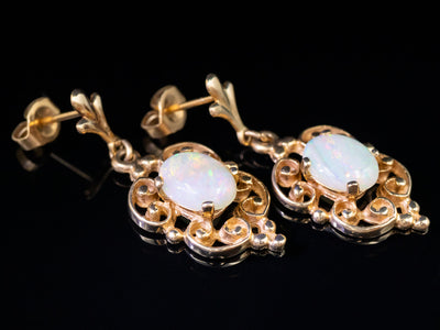 Yellow Gold Australian Opal Drop Earrings