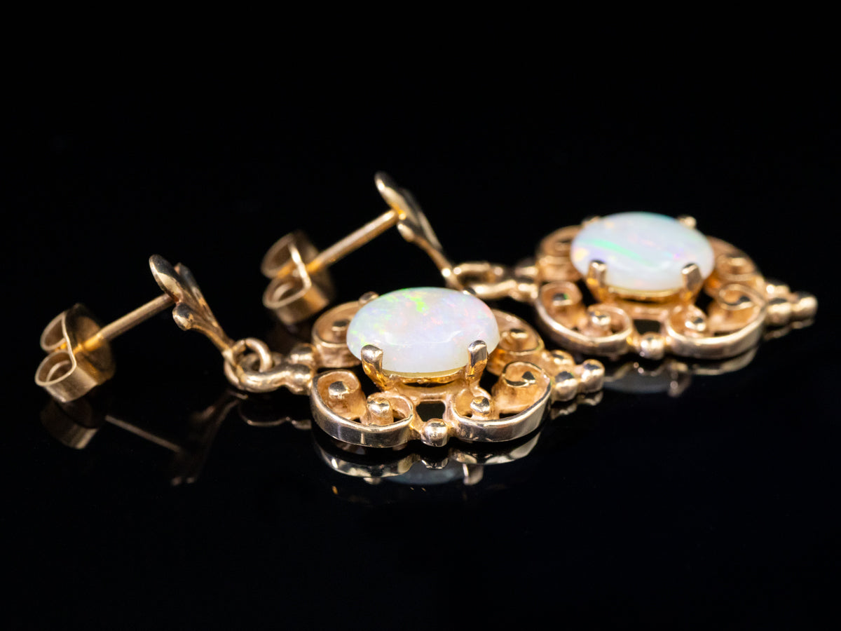 Yellow Gold Australian Opal Drop Earrings