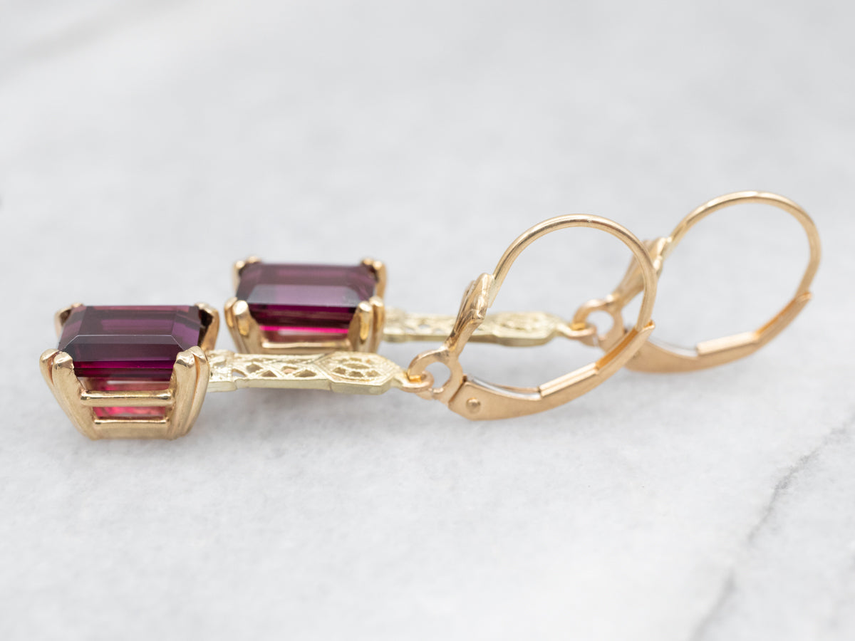 Yellow Gold Rhodolite Garnet Filigree Drop Earrings