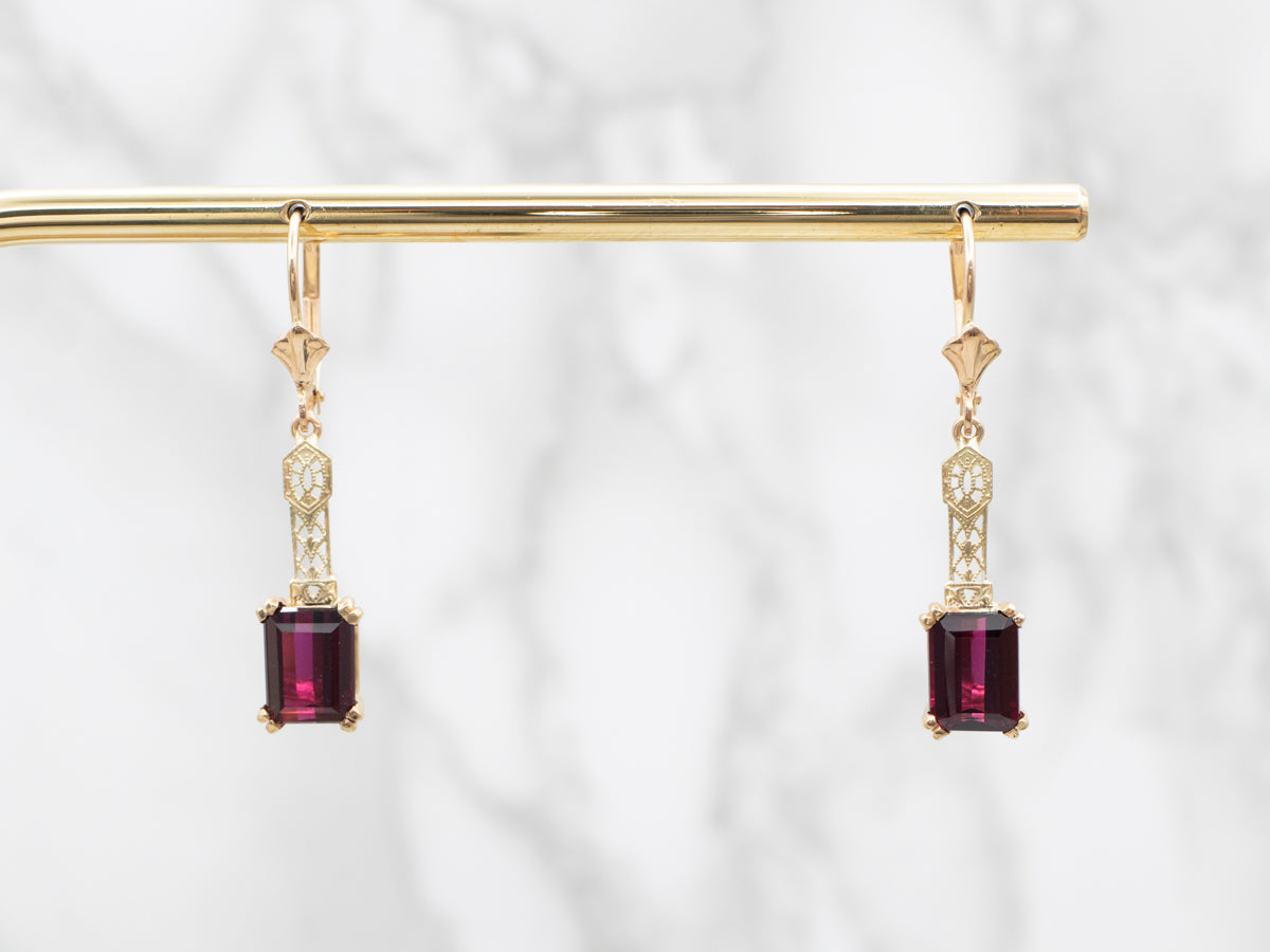 Yellow Gold Rhodolite Garnet Filigree Drop Earrings