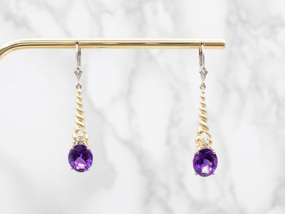 Two Tone Amethyst Twisted Drop Earrings with Diamond Accent