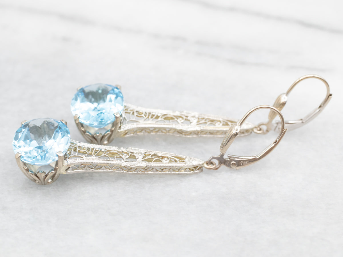 White Gold East West Blue Topaz Filigree Drop Earrings