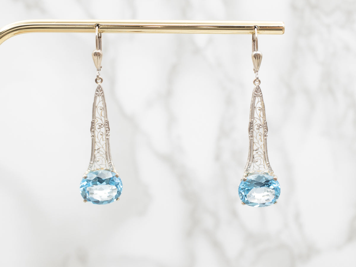 White Gold East West Blue Topaz Filigree Drop Earrings